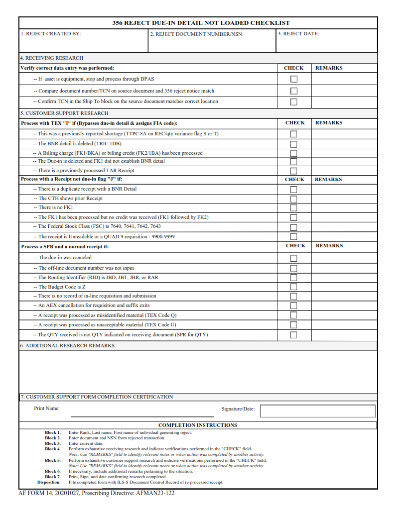 AF Form 14 - 356 Reject Due-In Detail Not Loaded Checklist Page 1