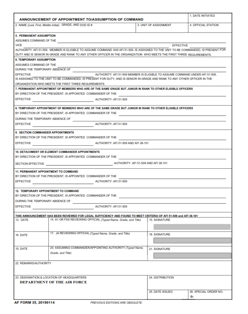 AF Form 35 – Announcement Of Appointment To/Assumption Of Command ...