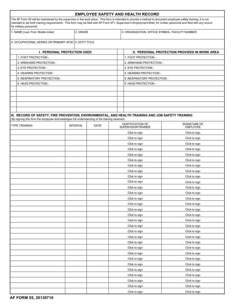 AF Form 55 - Employee Safety And Health Record Page 1