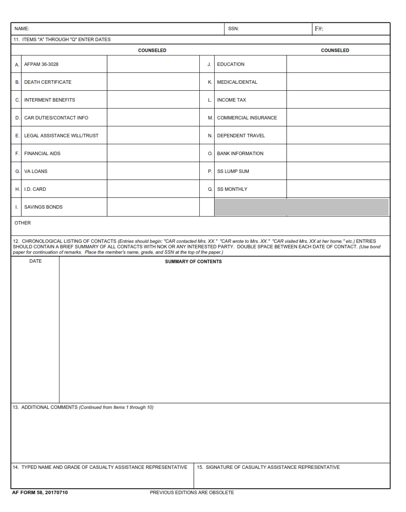 AF Form 58 - Casualty Assistance Summary Page 2