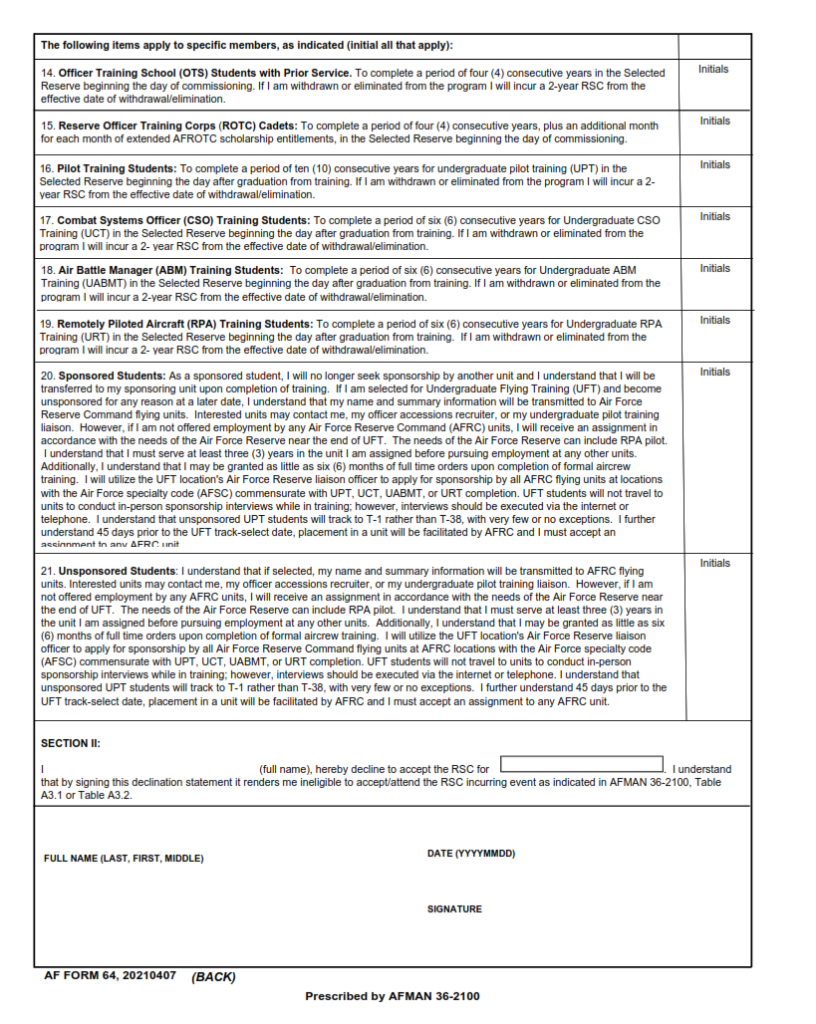 AF Form 64 Reserve Service Commitment Acknowledgement Declination af-form-64-reserve-service-commitment-acknowledgement-declination