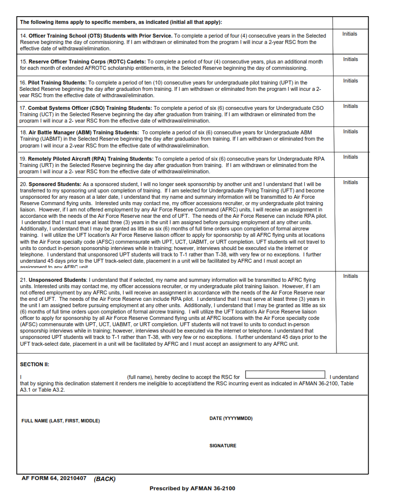 AF Form 64 - Reserve Service Commitment Acknowledgement Declination Page 2