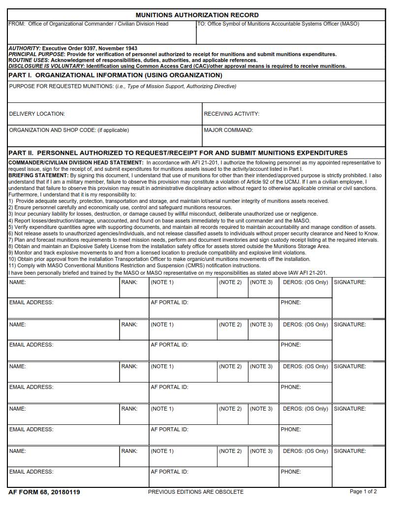 AF Form 68 - Munitions Authorization Record Page 1