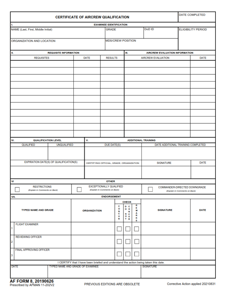 AF Form 8 – Certificate Of Aircrew Qualification | Finder Doc
