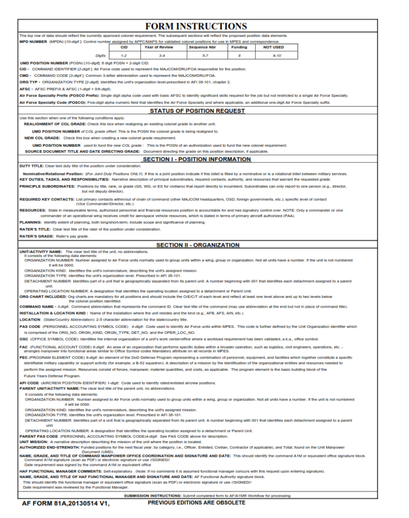 AF Form 81A – Colonel Military Position Description (MPD) | Finder Doc