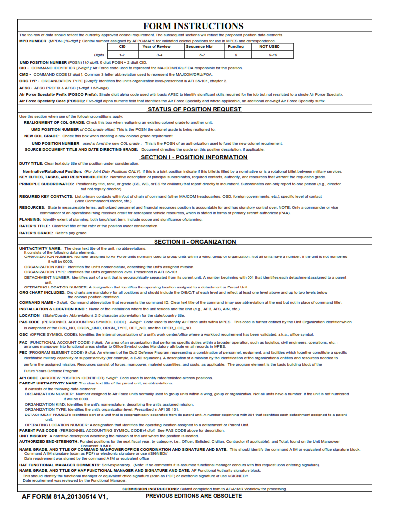 AF Form 81A - Colonel Military Position Description (MPD) Page 2