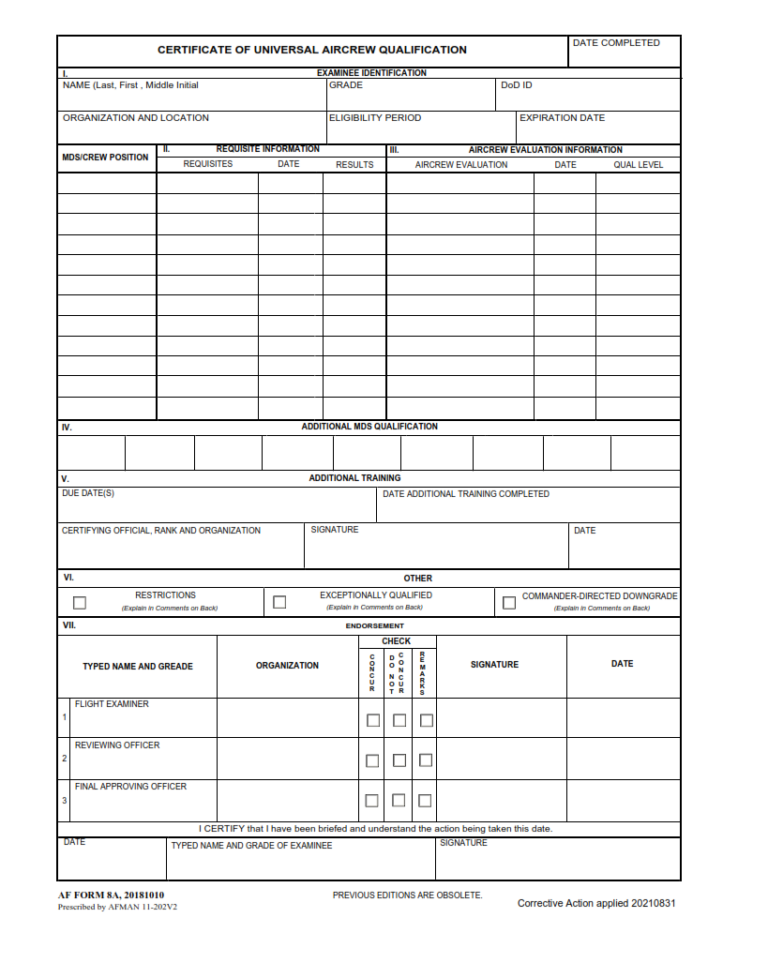 AF Form 8A – Certificate Of Universal Aircrew Qualification | Finder Doc