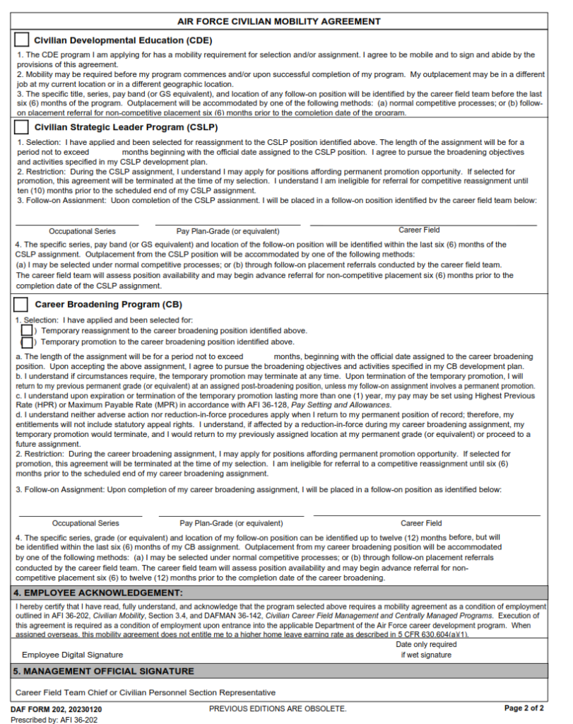 DAF Form 202 – Department Of The Air Force Civilian Mobility Agreement ...