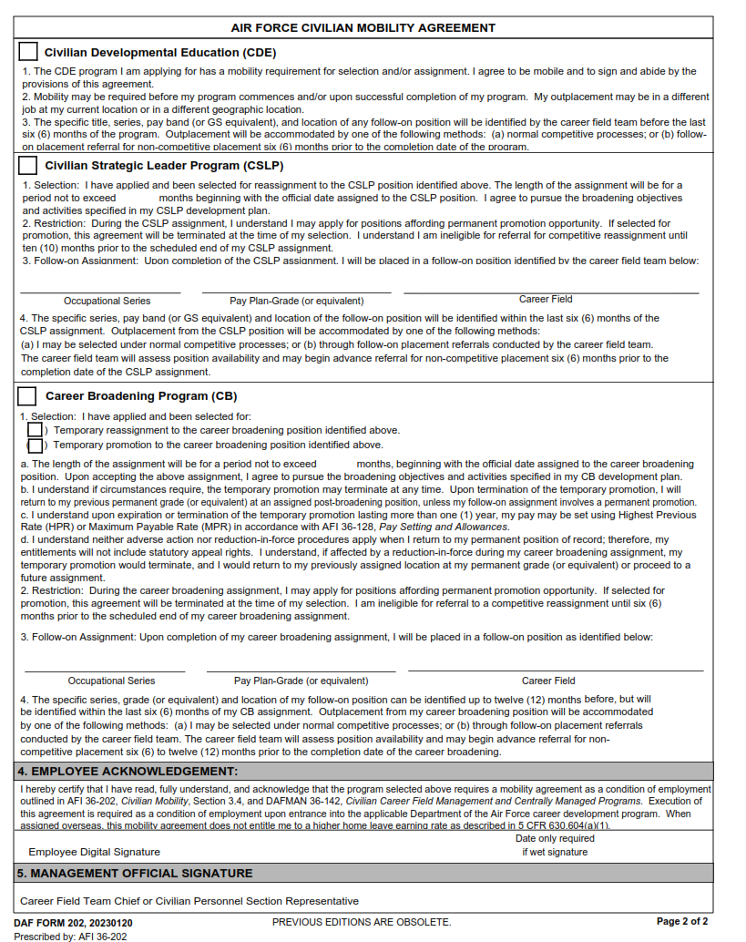 DAF Form 202 - Department Of The Air Force Civilian Mobility Agreement Page 2