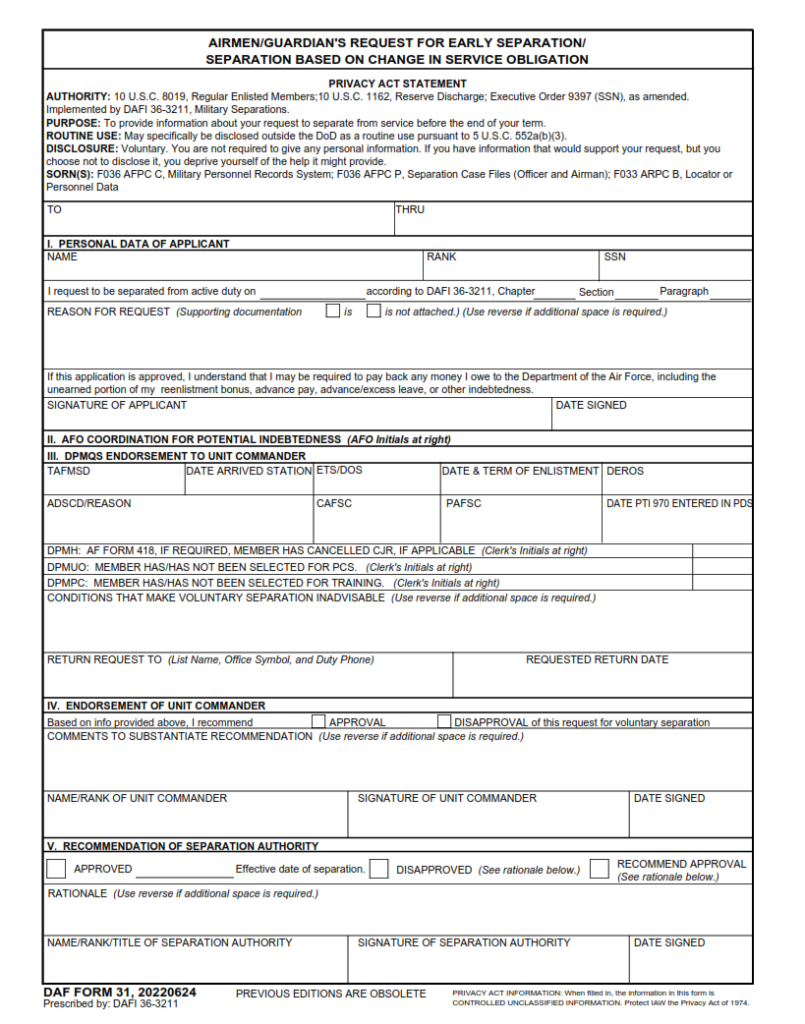 DAF Form 31 – Airmen/Guardian’s Request For Early Separation/Separation ...