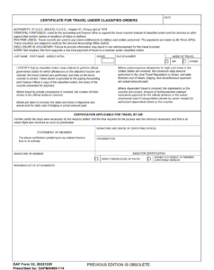 DAF Form 32 - Certificate For Travel Under Classified Orders Page 1