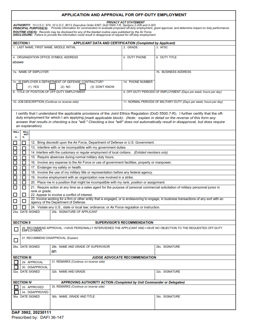DAF Form 3902 - Application And Approval For Off-Duty Employment Page 1
