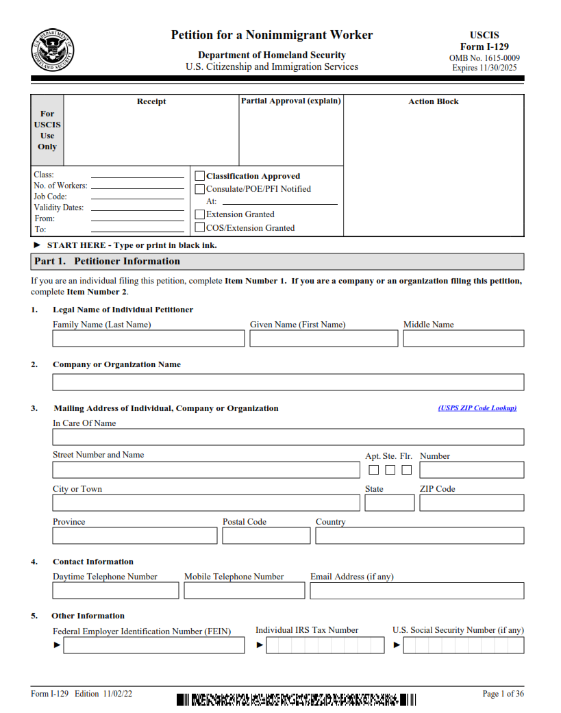 I-129 Form - Petition for a Nonimmigrant Worker Page 1