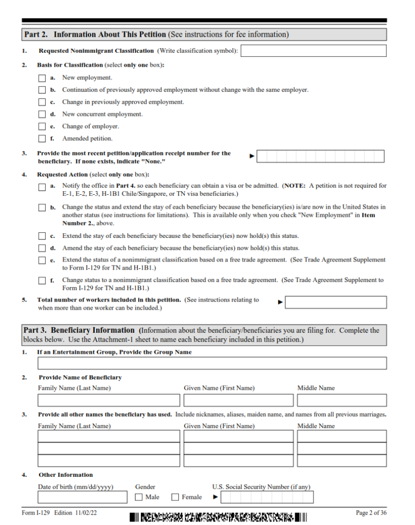 I 129 form petition for a nonimmigrant worker finder doc
