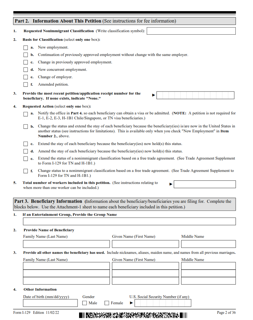 I-129 Form - Petition for a Nonimmigrant Worker Page 2