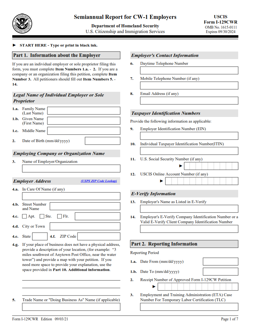 I-129CWR Form - Semiannual Report for CW-1 Employers Page 1