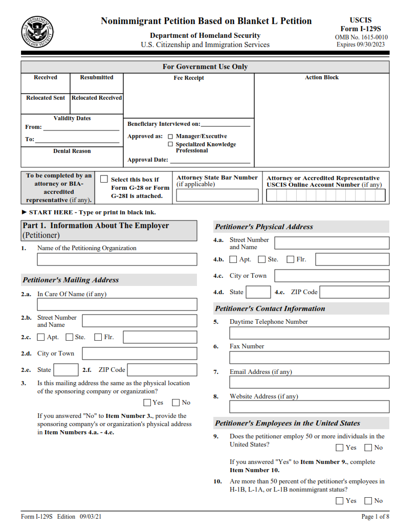 I-129S Form - Nonimmigrant Petition Based on Blanket L Petition Page 1