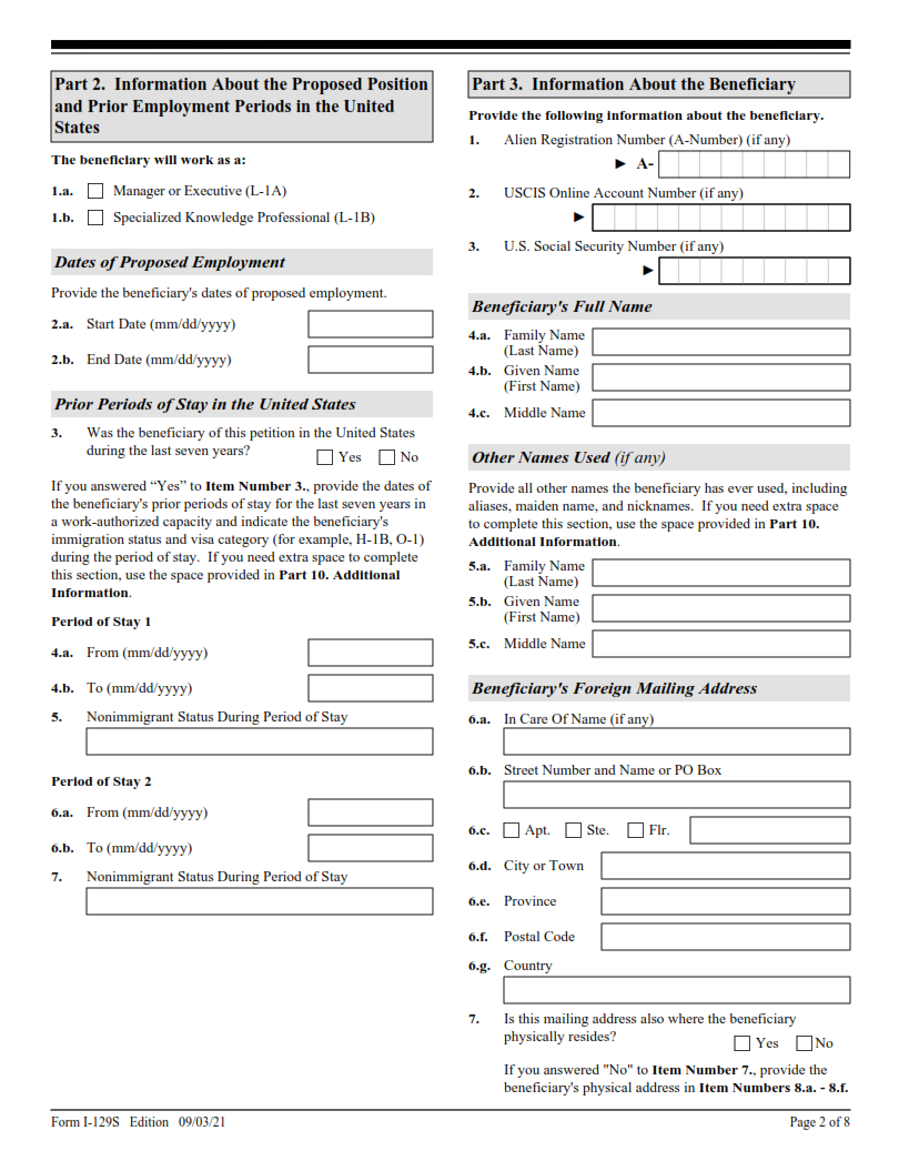I-129S Form - Nonimmigrant Petition Based on Blanket L Petition Page 2