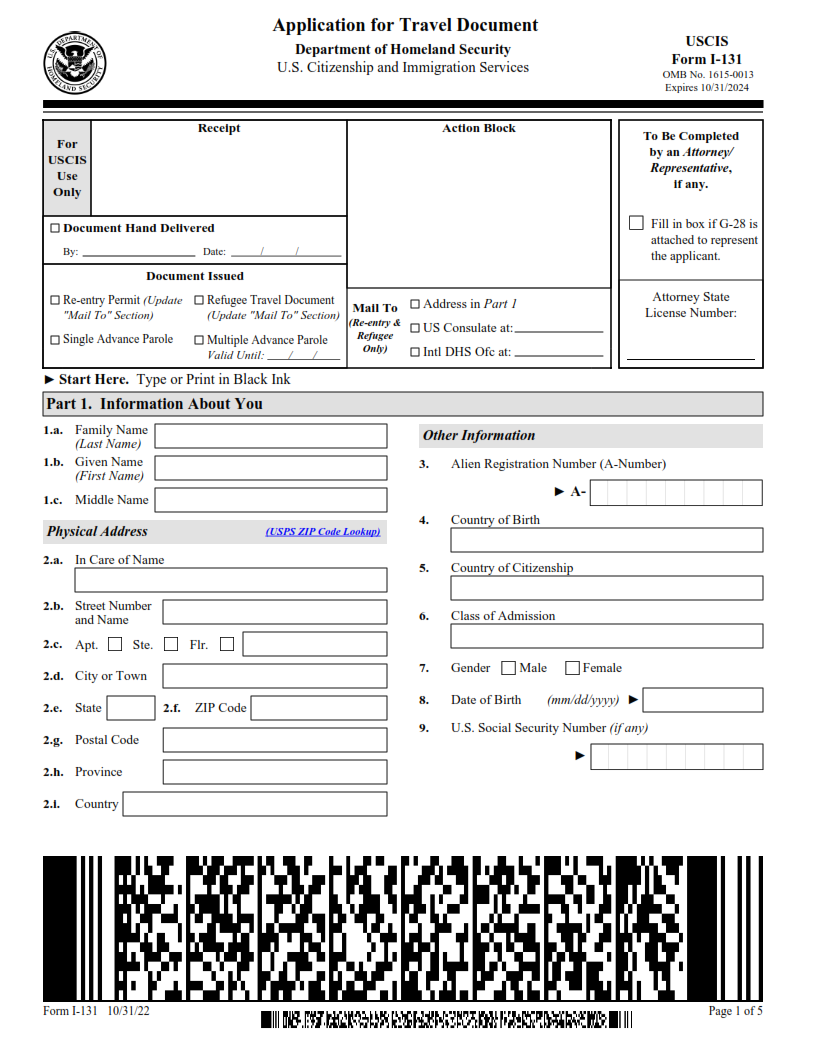 I-131 Form - Application for Travel Document Page 1