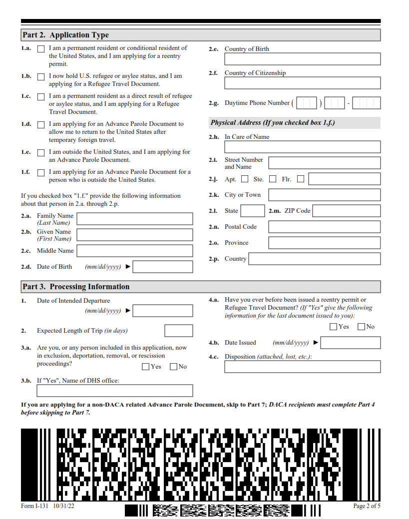 I-131 Form - Application for Travel Document Page 2