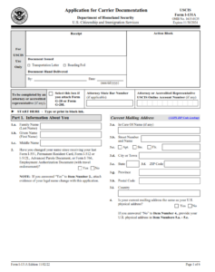 I-131A Form - Application for Travel Document (Carrier Documentation) Page 1