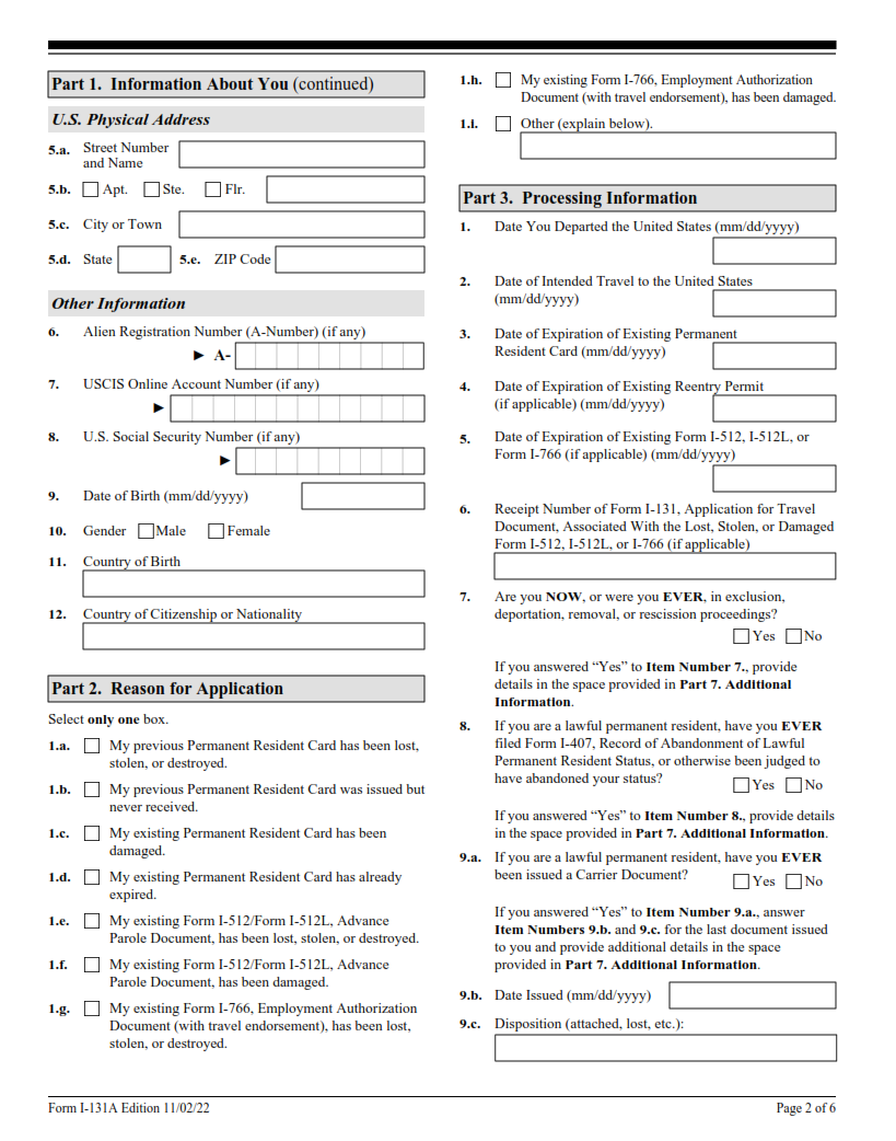 I-131A Form - Application for Travel Document (Carrier Documentation) Page 2