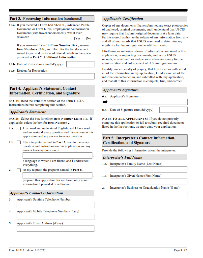 I-131A Form - Application for Travel Document (Carrier Documentation) Page 3