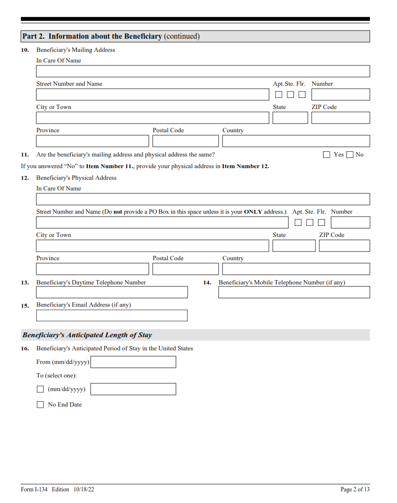 I-134 Form - Declaration of Financial Support Page 2