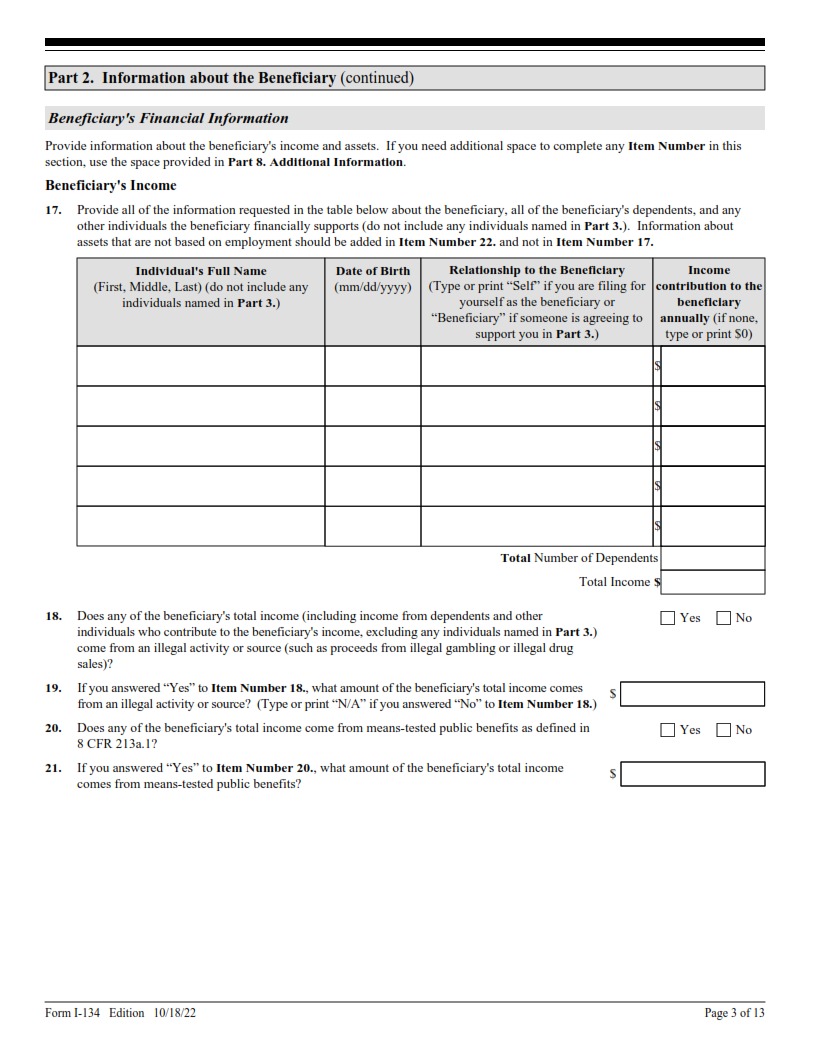 I-134 Form - Declaration of Financial Support Page 3