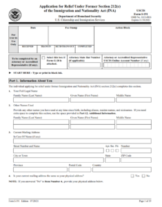 I-191 Form - Application for Relief Under Former Section 212(c) of the Immigration and Nationality Act (INA) Page 1