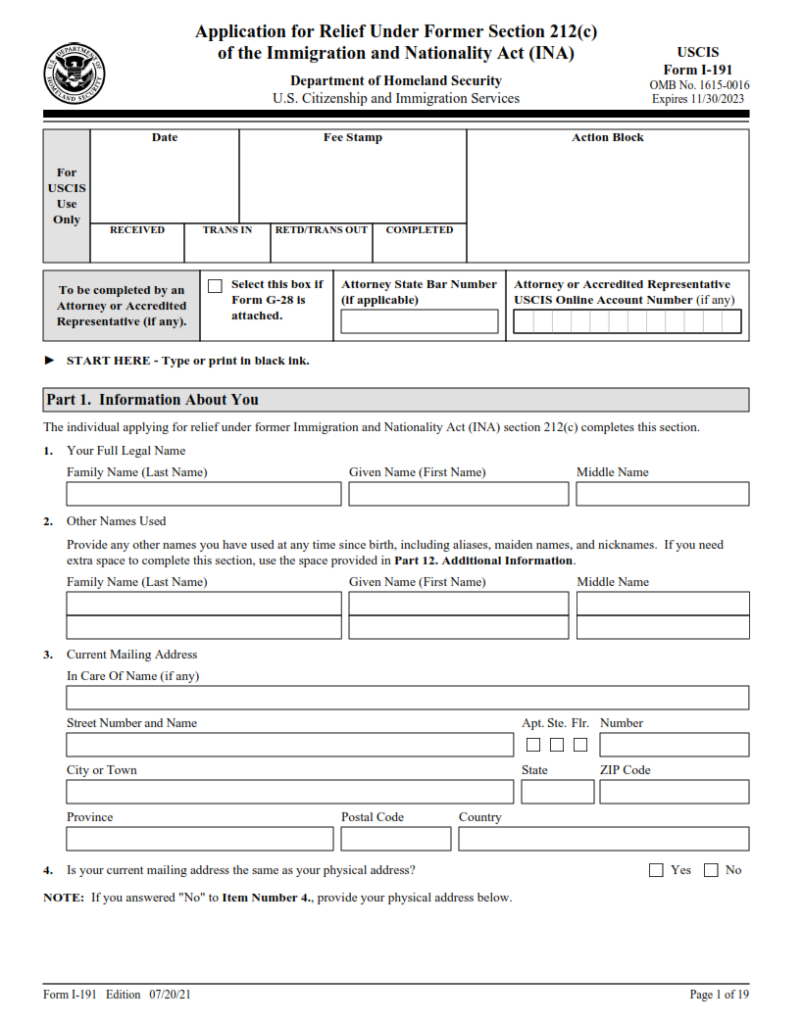 I-191 Form – Application for Relief Under Former Section 212(c) of the ...