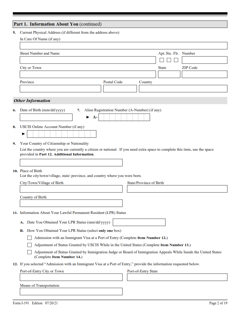 I-191 Form - Application for Relief Under Former Section 212(c) of the Immigration and Nationality Act (INA) Page 2