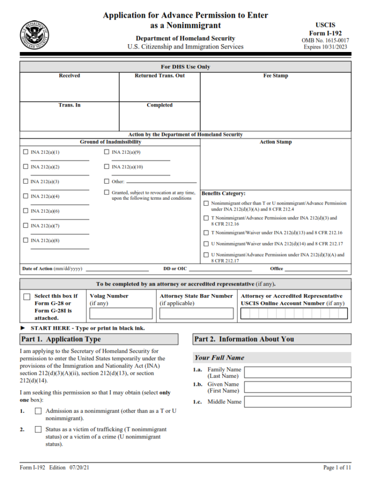 I-192 Form – Application For Advance Permission To Enter As A ...