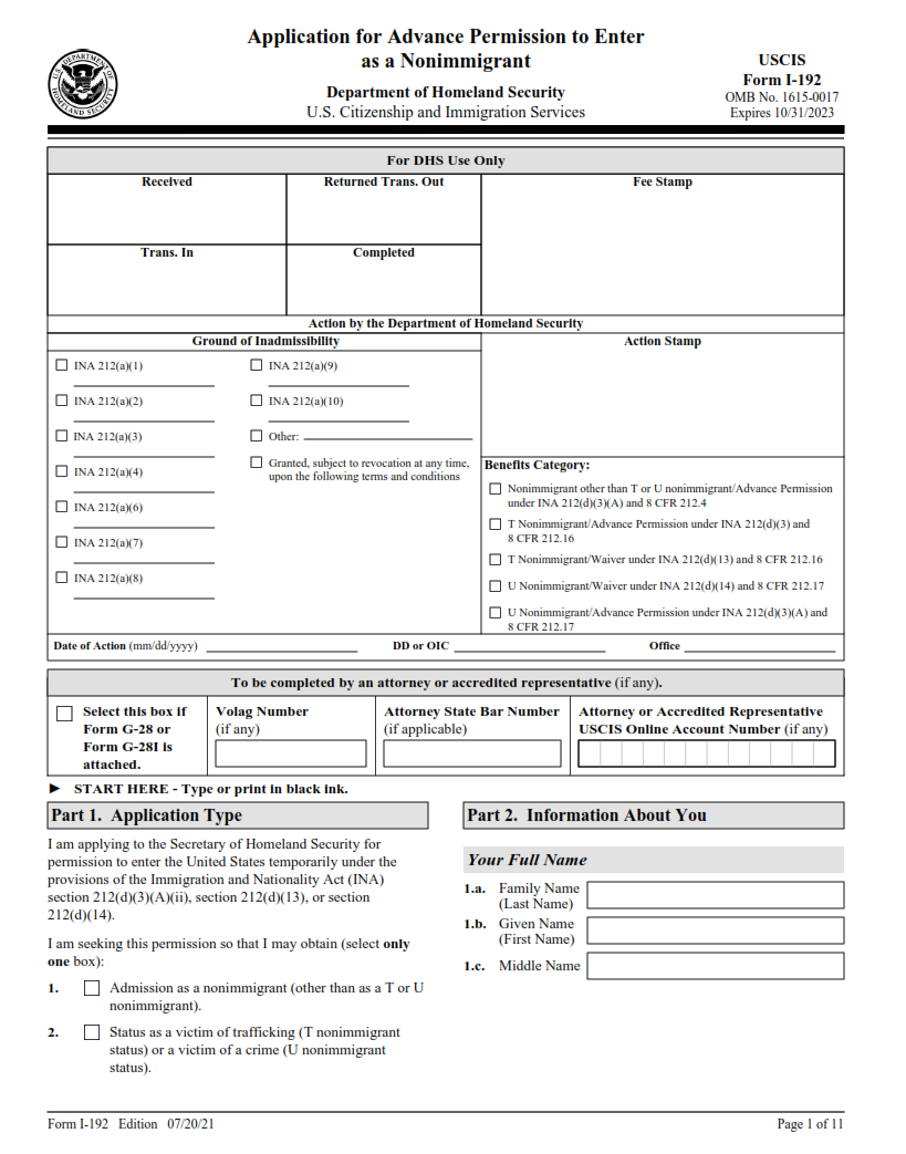 I-192 Form - Application for Advance Permission to Enter as a Nonimmigrant Page 1