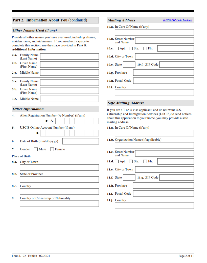 I-192 Form - Application for Advance Permission to Enter as a Nonimmigrant Page 2