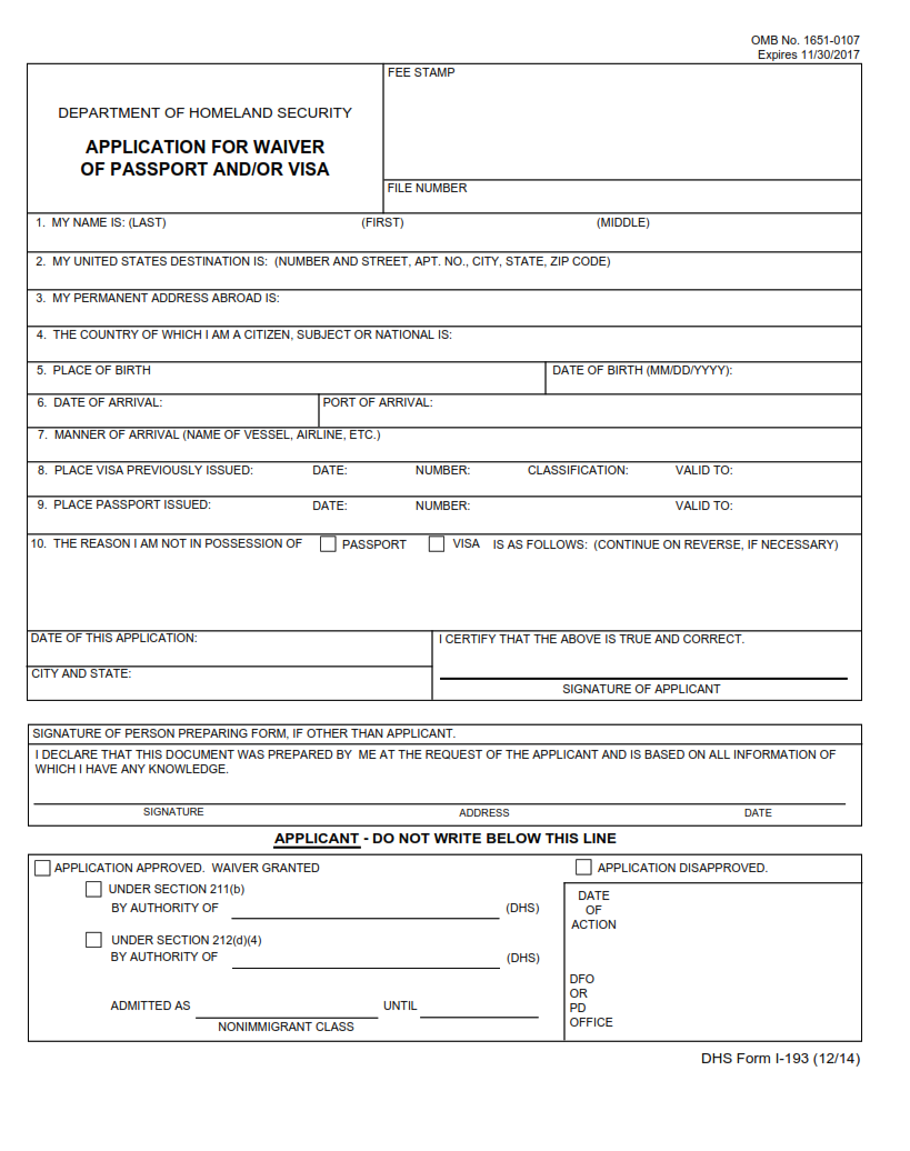 I-193 Form - Application for Waiver of Passport and or Visa Page 1