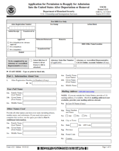 I-212 Form - Application for Permission to Reapply for Admission into the United States After Deportation or Removal Page 1
