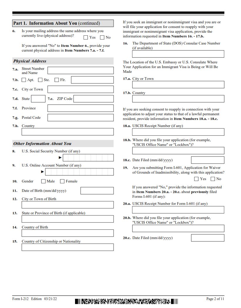 I-212 Form - Application for Permission to Reapply for Admission into the United States After Deportation or Removal Page 2