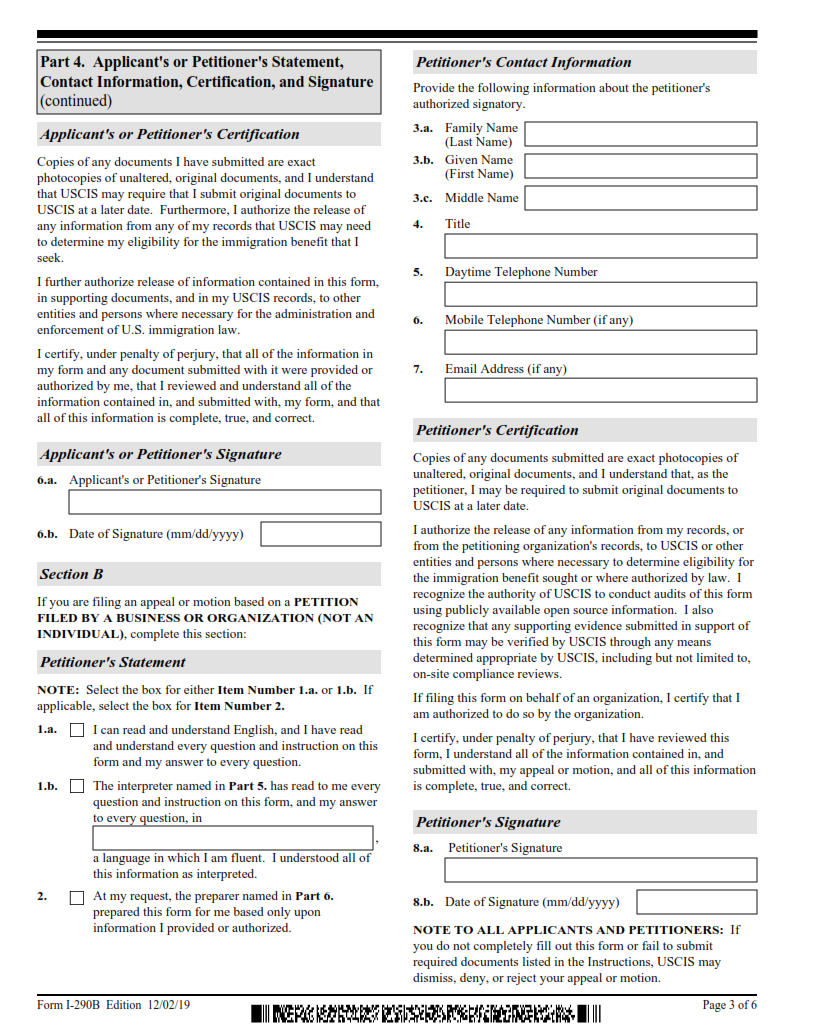 I-290B Form - Notice of Appeal or Motion Page 3