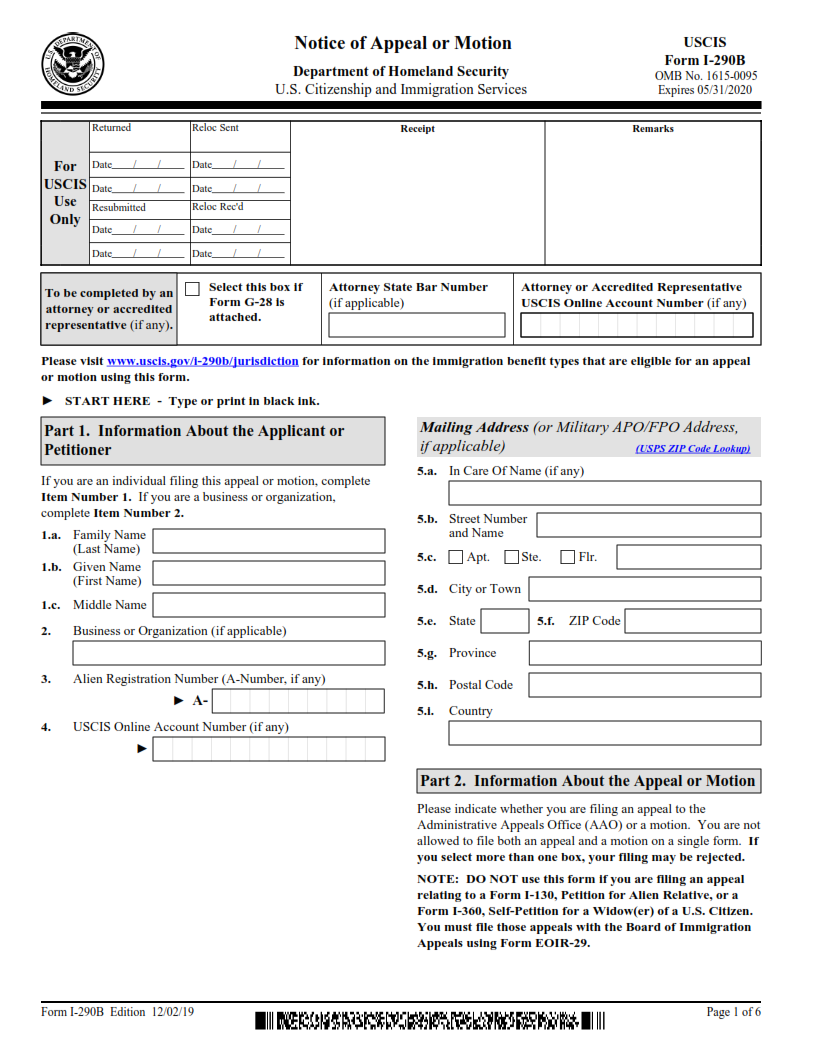 I-290B Form - Notice of Appeal or Motion page 1