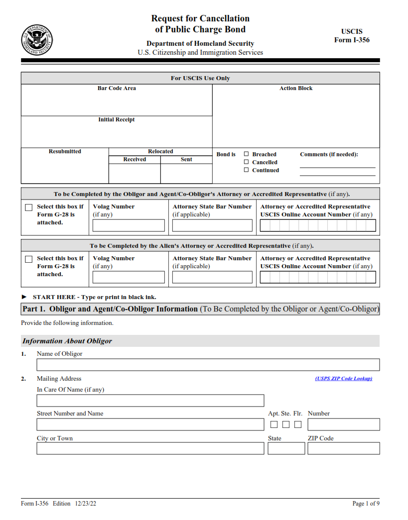 I-356 Form - Request for Cancellation of Public Charge Bond Page 1