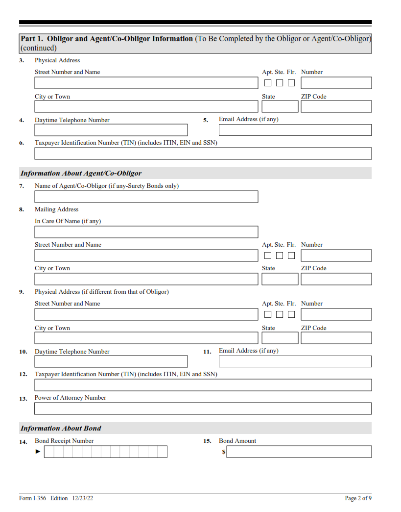 I-356 Form - Request for Cancellation of Public Charge Bond Page 2
