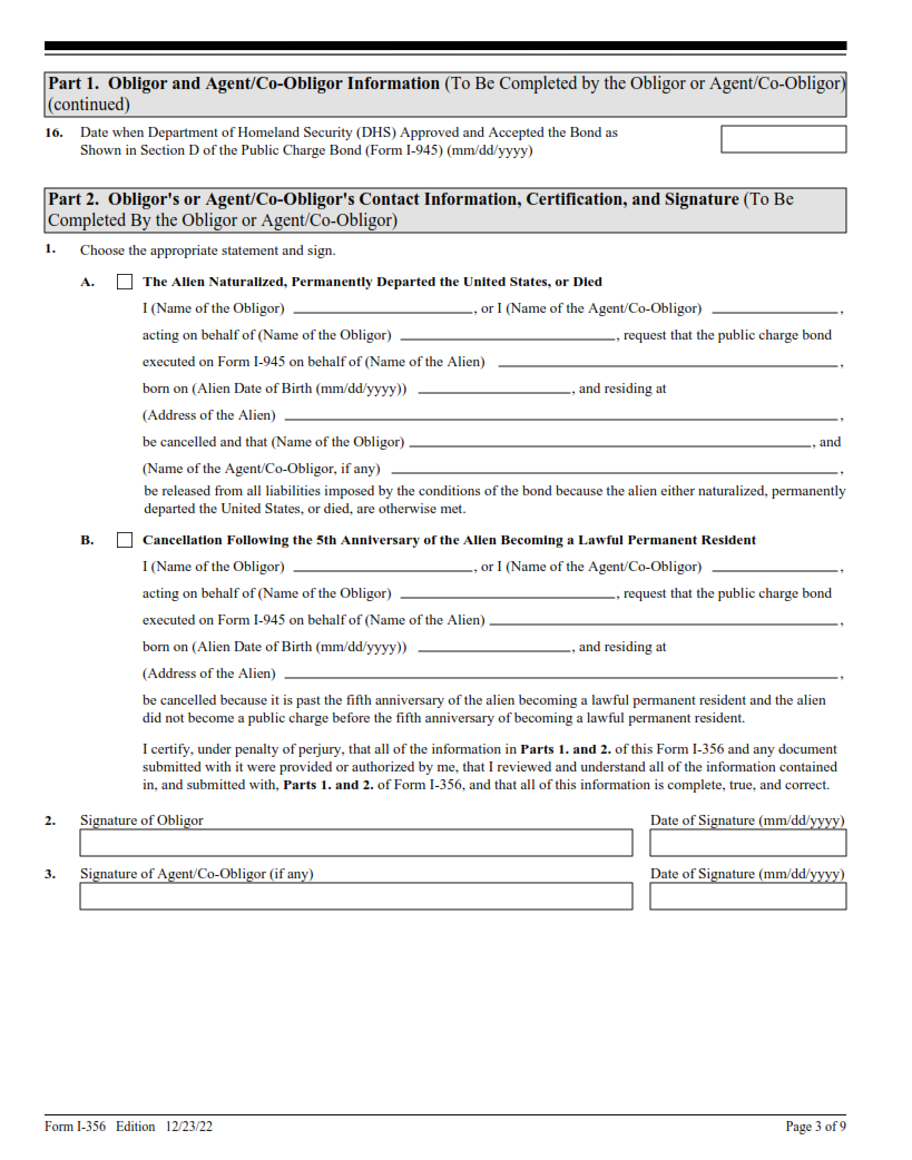 I-356 Form - Request for Cancellation of Public Charge Bond Page 3