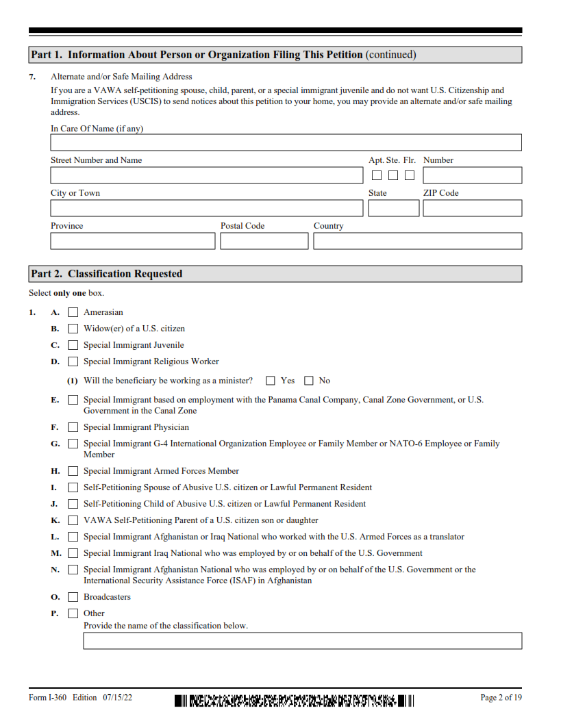 I-360 Form - Petition for Amerasian, Widow(er), or Special Immigrant Page 2
