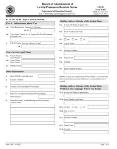 I-407 Form - Record of Abandonment of Lawful Permanent Resident Status Page 1