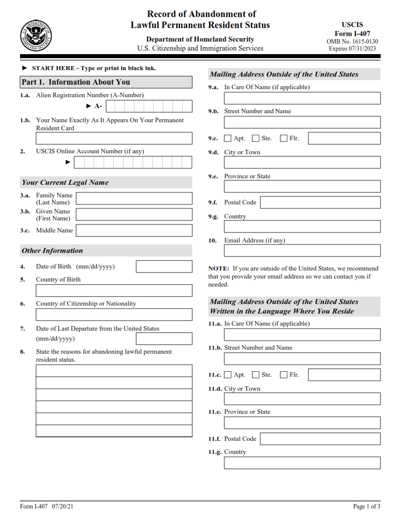 I-407 Form - Record of Abandonment of Lawful Permanent Resident Status Page 1