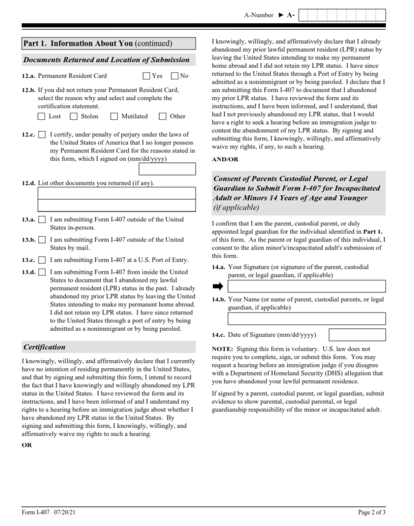 I-407 Form – Record of Abandonment of Lawful Permanent Resident Status ...