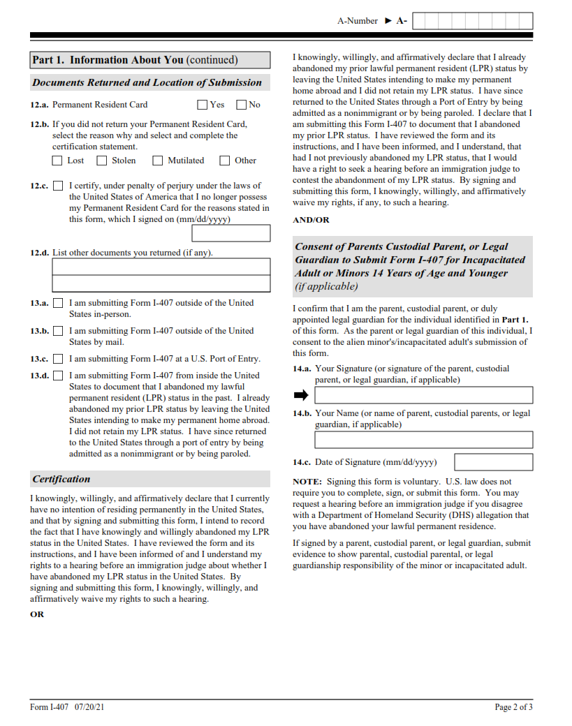 I-407 Form - Record of Abandonment of Lawful Permanent Resident Status Page 2