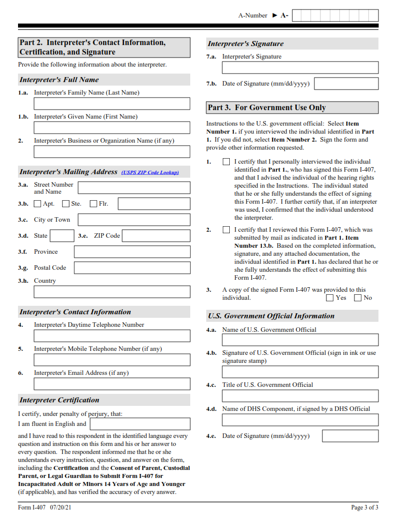 I-407 Form - Record of Abandonment of Lawful Permanent Resident Status Page 3