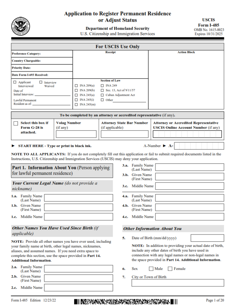 I-485 Form – Application to Register Permanent Residence or Adjust ...